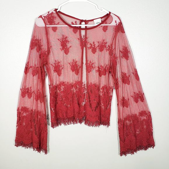 Daytrip Tops - Daytrip Maroon Sheer Lace Bell Sleeve Top